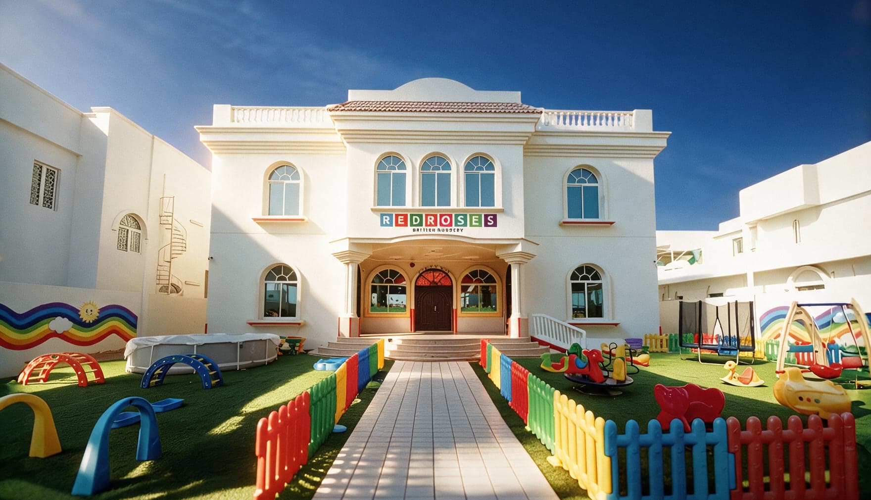 Red Roses British Nursery in Al Wasit, Sharjah: a white two-storey villa with a tiled path, coloured fences and play equipment on the lawn